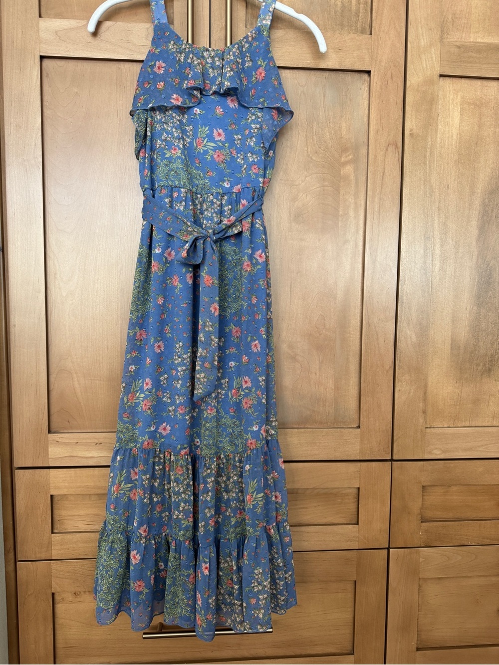 Zunie Blue Floral Ruffle-Trim Maxi Dress with Waist Tie